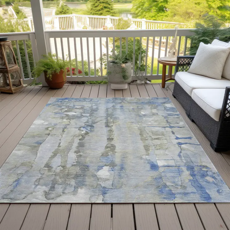 8' X 10' Sky Blue And Gray Abstract Washable Indoor Outdoor Area Rug
