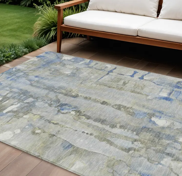 10' X 14' Sky Blue And Gray Abstract Washable Indoor Outdoor Area Rug