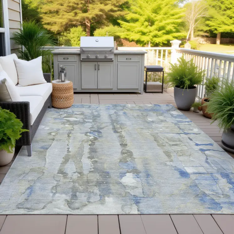 10' X 14' Sky Blue And Gray Abstract Washable Indoor Outdoor Area Rug