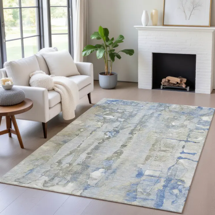 10' X 14' Sky Blue And Gray Abstract Washable Indoor Outdoor Area Rug