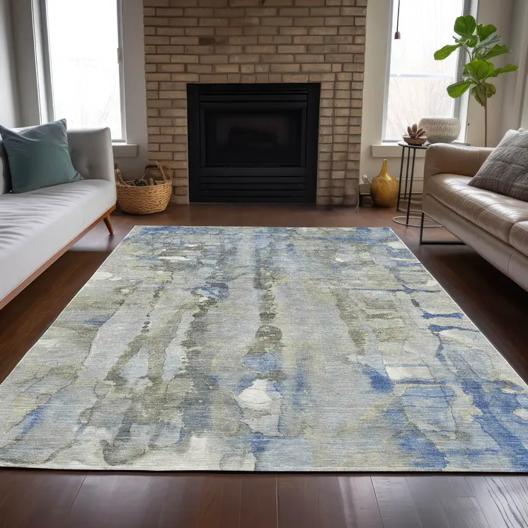 10' X 14' Sky Blue And Gray Abstract Washable Indoor Outdoor Area Rug