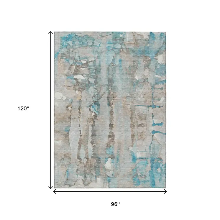 8' X 10' Teal Blue And Ivory Abstract Washable Indoor Outdoor Area Rug