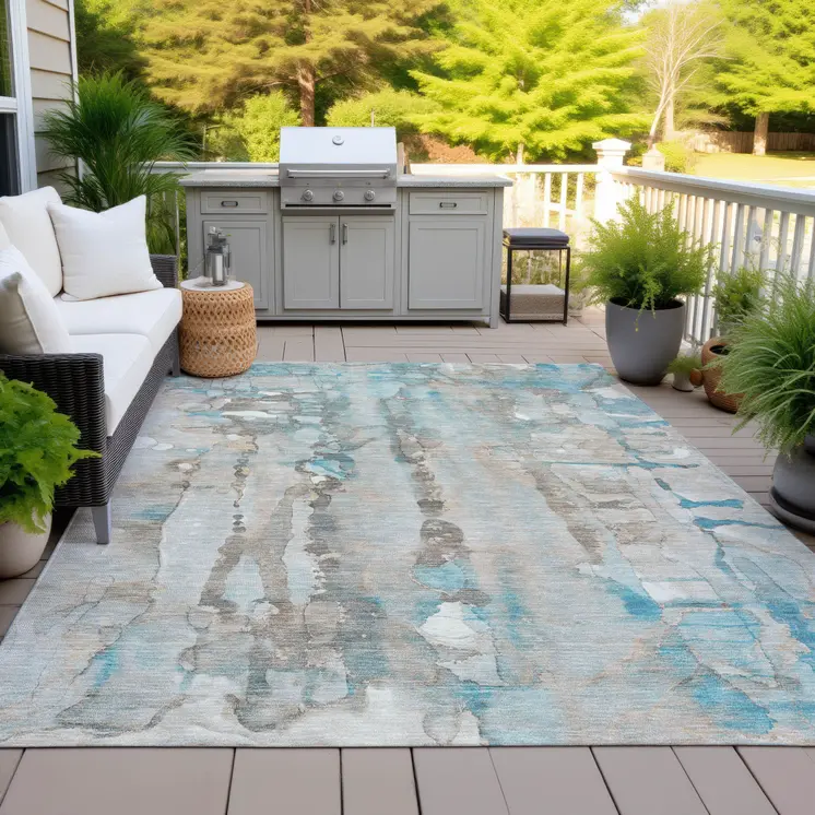 9' X 12' Teal Blue And Ivory Abstract Washable Indoor Outdoor Area Rug