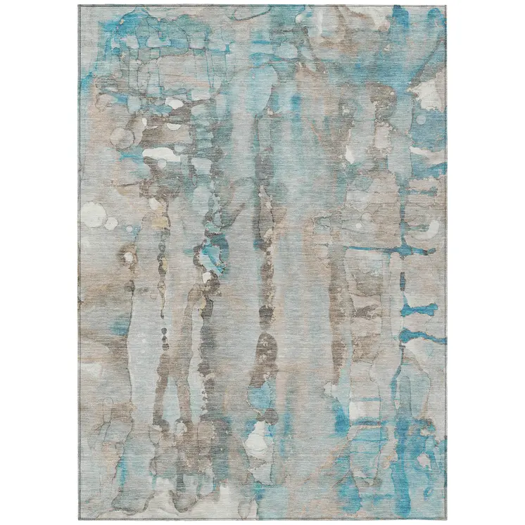 9' X 12' Teal Blue And Ivory Abstract Washable Indoor Outdoor Area Rug