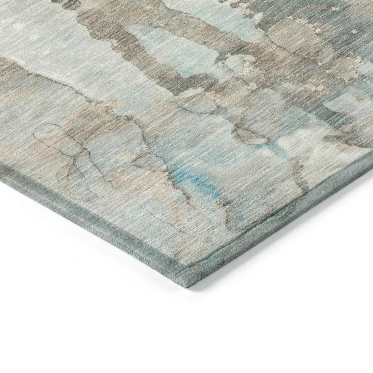 9' X 12' Teal Blue And Ivory Abstract Washable Indoor Outdoor Area Rug