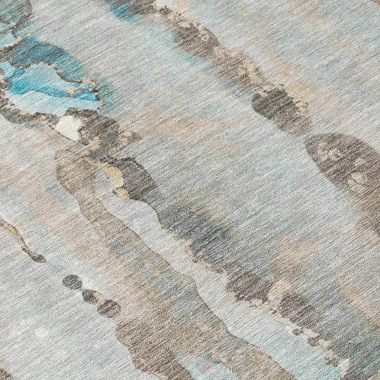 9' X 12' Teal Blue And Ivory Abstract Washable Indoor Outdoor Area Rug