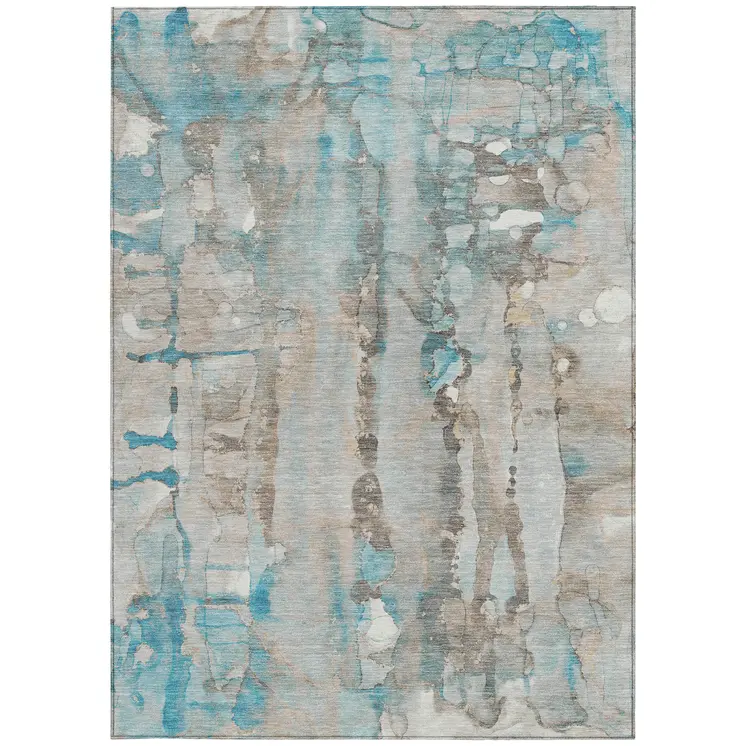 10' X 14' Teal Blue And Ivory Abstract Washable Indoor Outdoor Area Rug