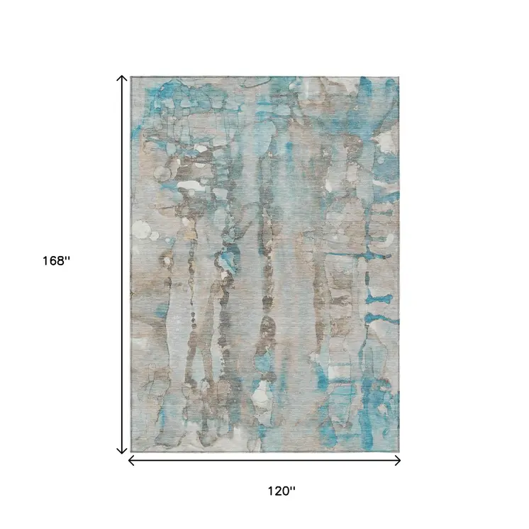 10' X 14' Teal Blue And Ivory Abstract Washable Indoor Outdoor Area Rug