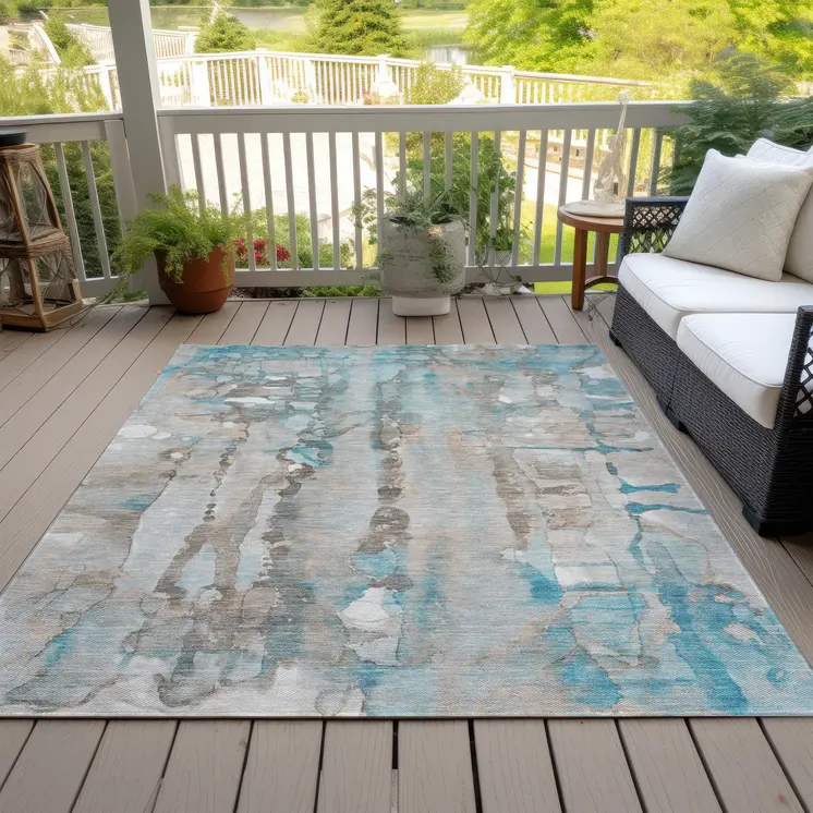 10' X 14' Teal Blue And Ivory Abstract Washable Indoor Outdoor Area Rug