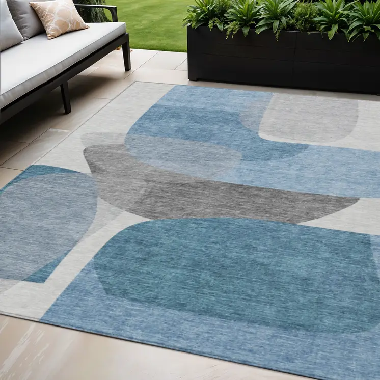 5' X 8' Denim Blue And Gray Abstract Washable Indoor Outdoor Area Rug