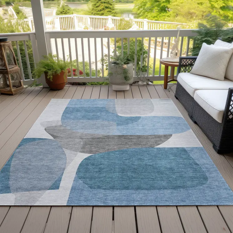 5' X 8' Denim Blue And Gray Abstract Washable Indoor Outdoor Area Rug