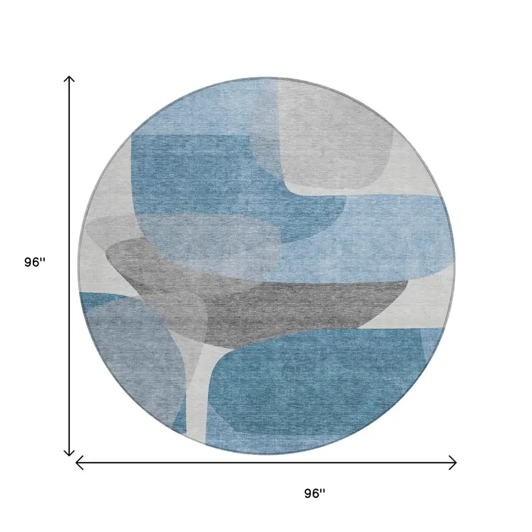 8' Denim Blue And Gray Round Abstract Washable Indoor Outdoor Area Rug