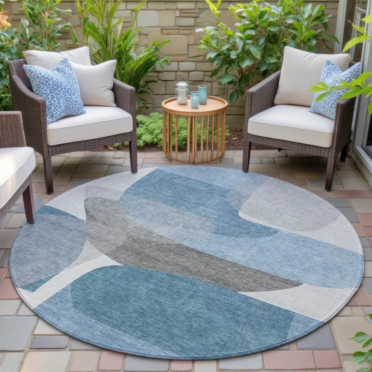 8' Denim Blue And Gray Round Abstract Washable Indoor Outdoor Area Rug