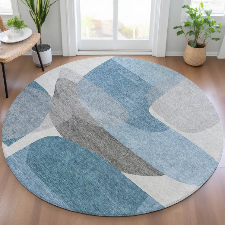 8' Denim Blue And Gray Round Abstract Washable Indoor Outdoor Area Rug