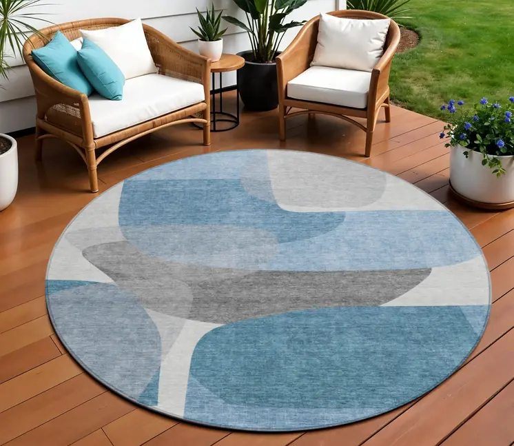 8' Denim Blue And Gray Round Abstract Washable Indoor Outdoor Area Rug