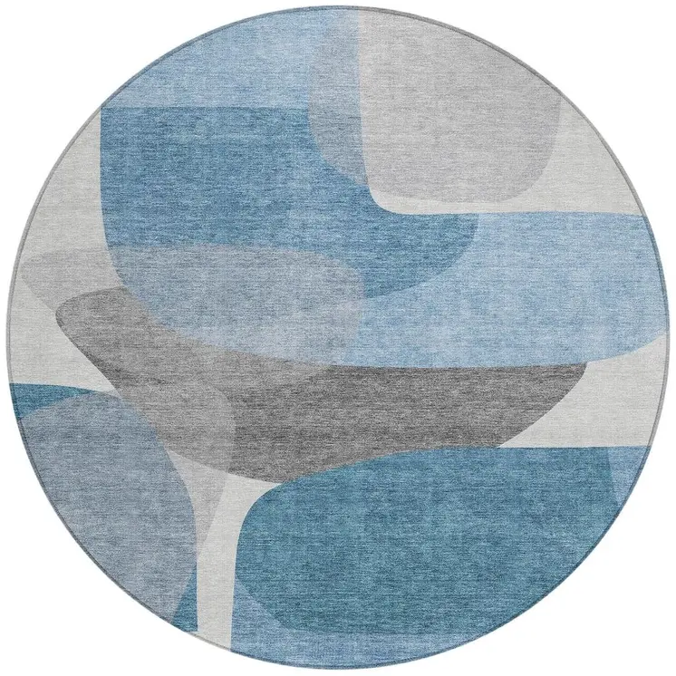 8' Denim Blue And Gray Round Abstract Washable Indoor Outdoor Area Rug