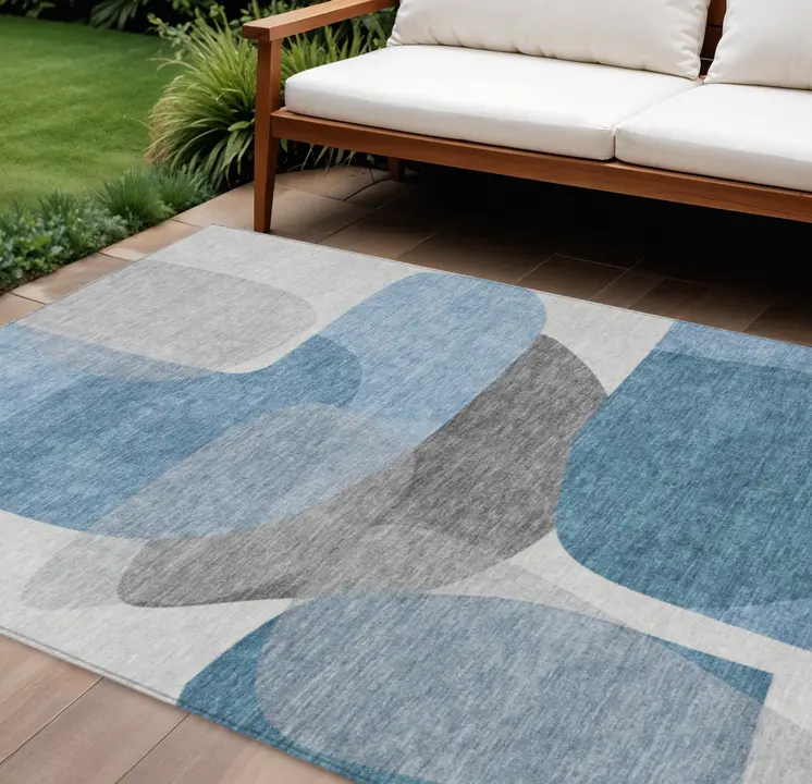 8' X 10' Denim Blue And Gray Abstract Washable Indoor Outdoor Area Rug