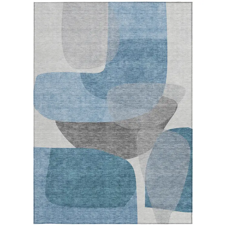 8' X 10' Denim Blue And Gray Abstract Washable Indoor Outdoor Area Rug