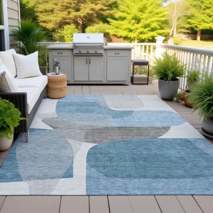 8' X 10' Denim Blue And Gray Abstract Washable Indoor Outdoor Area Rug
