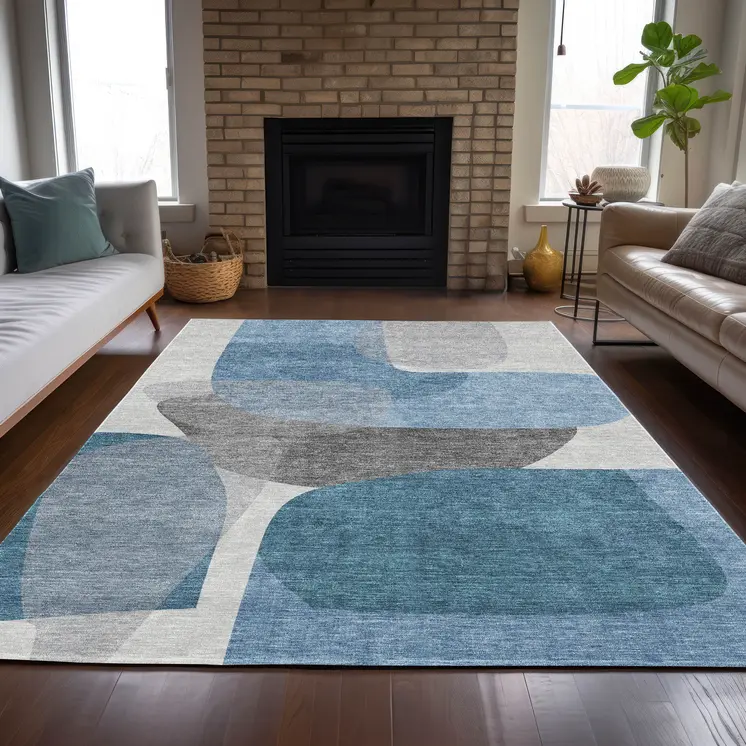8' X 10' Denim Blue And Gray Abstract Washable Indoor Outdoor Area Rug