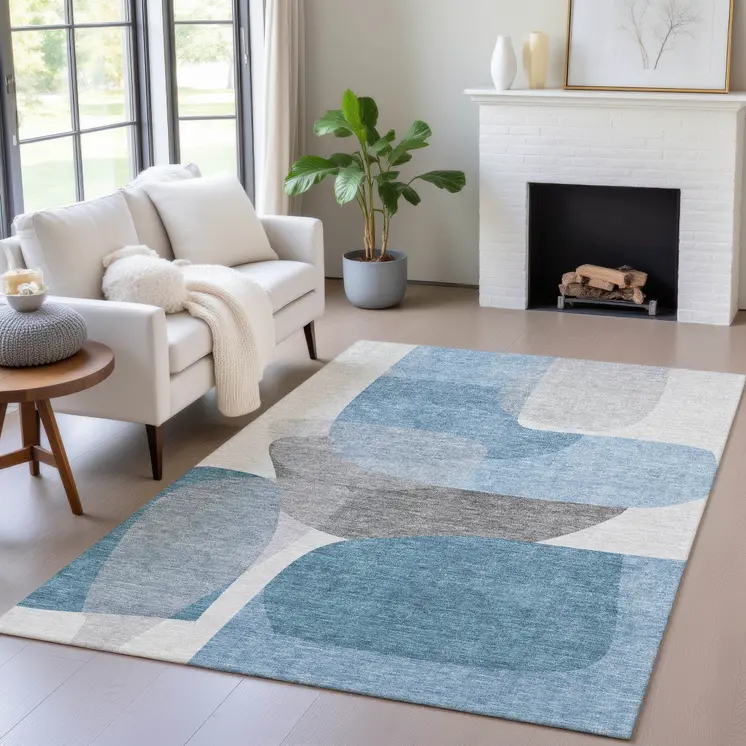 10' X 14' Denim Blue And Gray Abstract Washable Indoor Outdoor Area Rug
