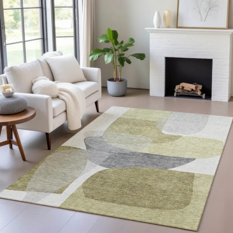 5' X 8' Fern Green And Gray Abstract Washable Indoor Outdoor Area Rug