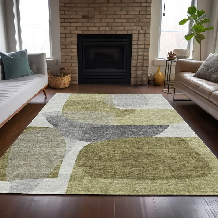 5' X 8' Fern Green And Gray Abstract Washable Indoor Outdoor Area Rug