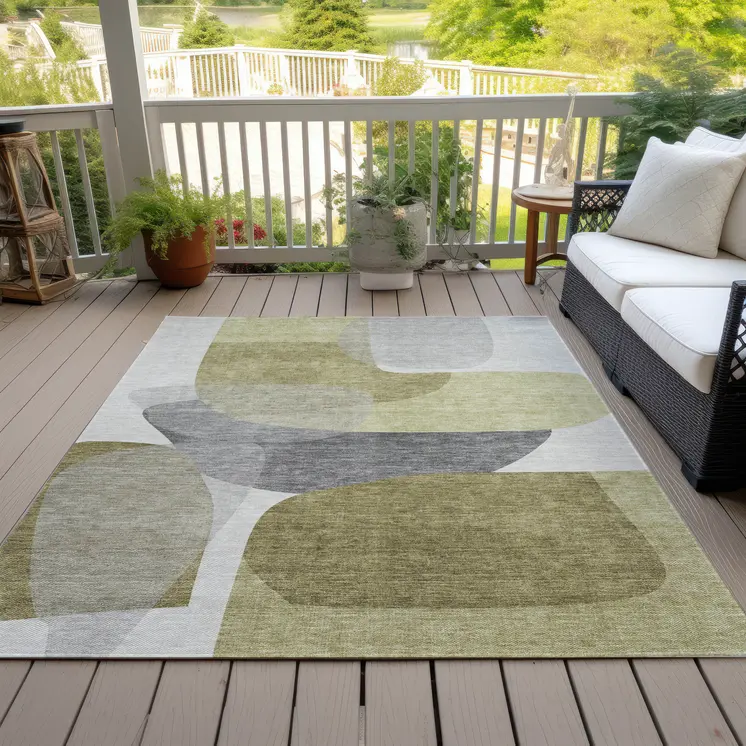 5' X 8' Fern Green And Gray Abstract Washable Indoor Outdoor Area Rug