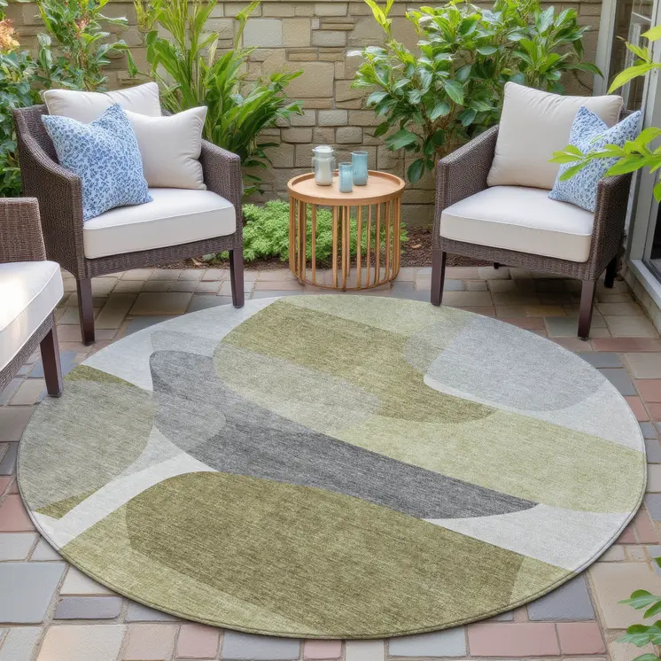 8' Fern Green And Gray Round Abstract Washable Indoor Outdoor Area Rug