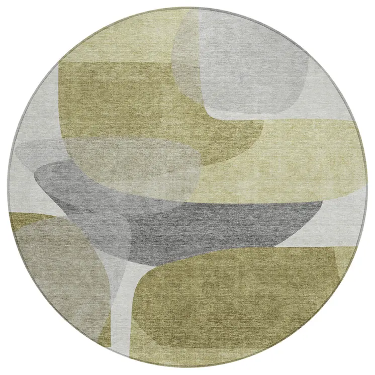 8' Fern Green And Gray Round Abstract Washable Indoor Outdoor Area Rug