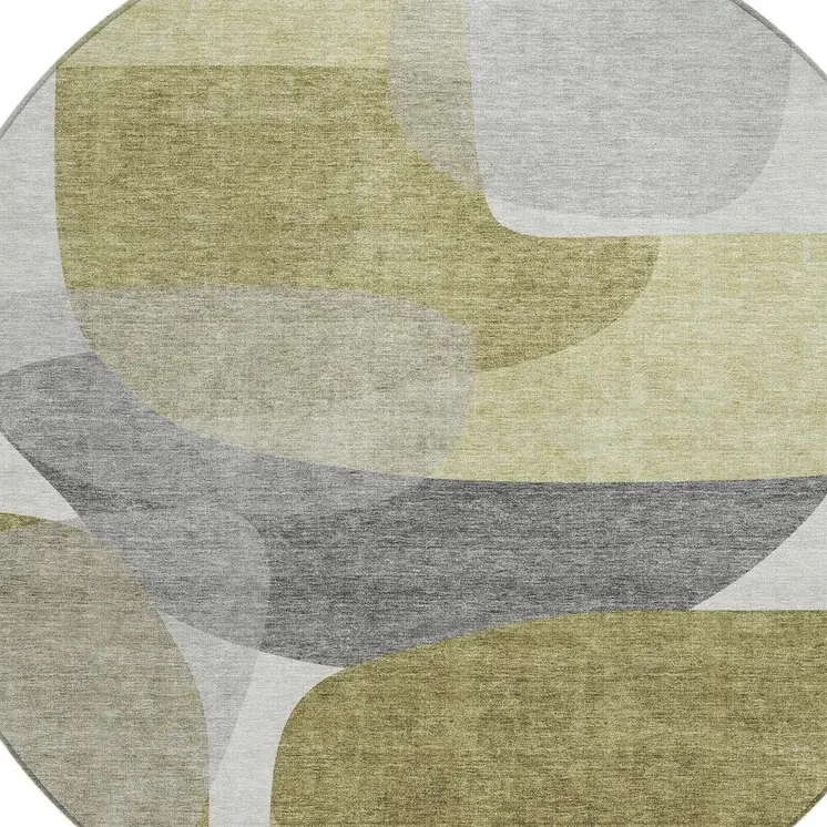 8' Fern Green And Gray Round Abstract Washable Indoor Outdoor Area Rug