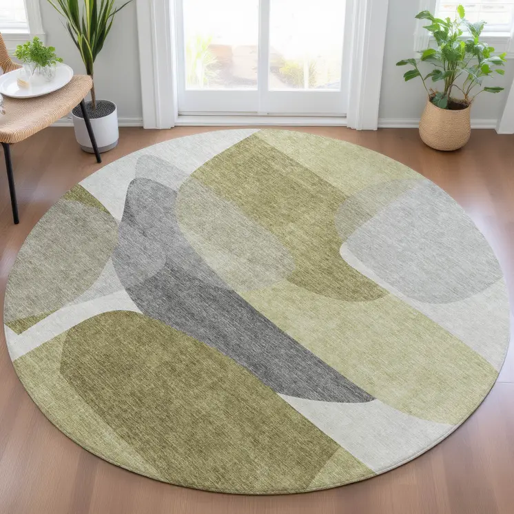 8' Fern Green And Gray Round Abstract Washable Indoor Outdoor Area Rug