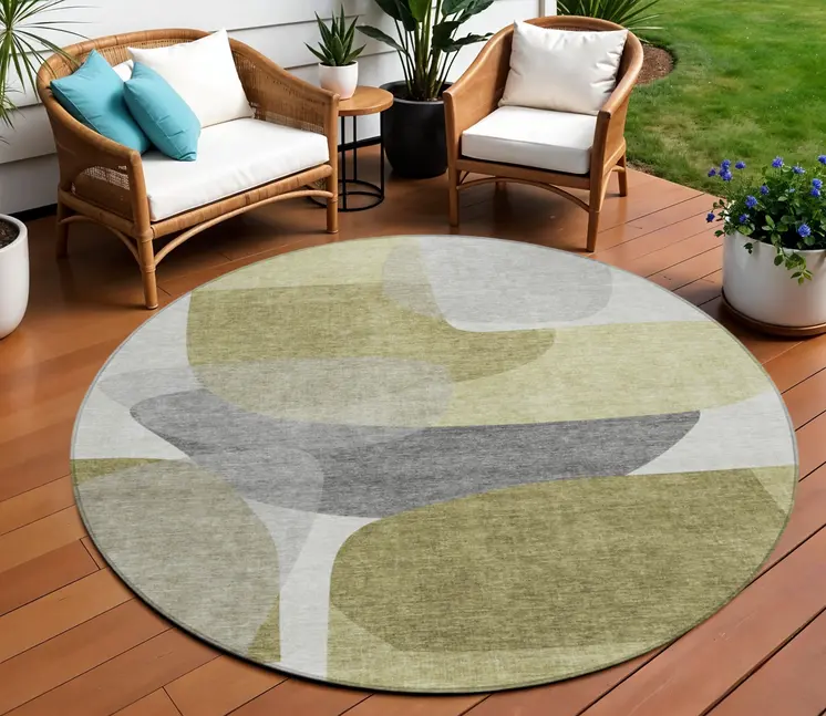 8' Fern Green And Gray Round Abstract Washable Indoor Outdoor Area Rug