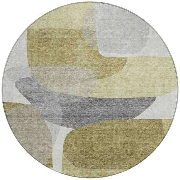 8' Fern Green And Gray Round Abstract Washable Indoor Outdoor Area Rug