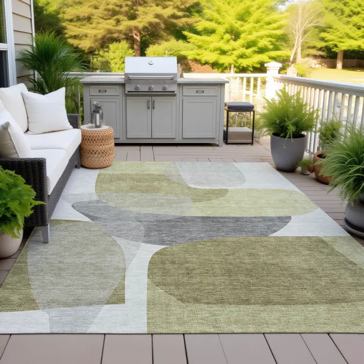 8' X 10' Fern Green And Gray Abstract Washable Indoor Outdoor Area Rug