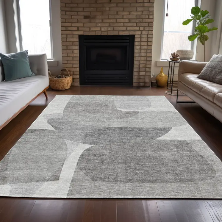 5' X 8' Linen And Gray Abstract Washable Indoor Outdoor Area Rug