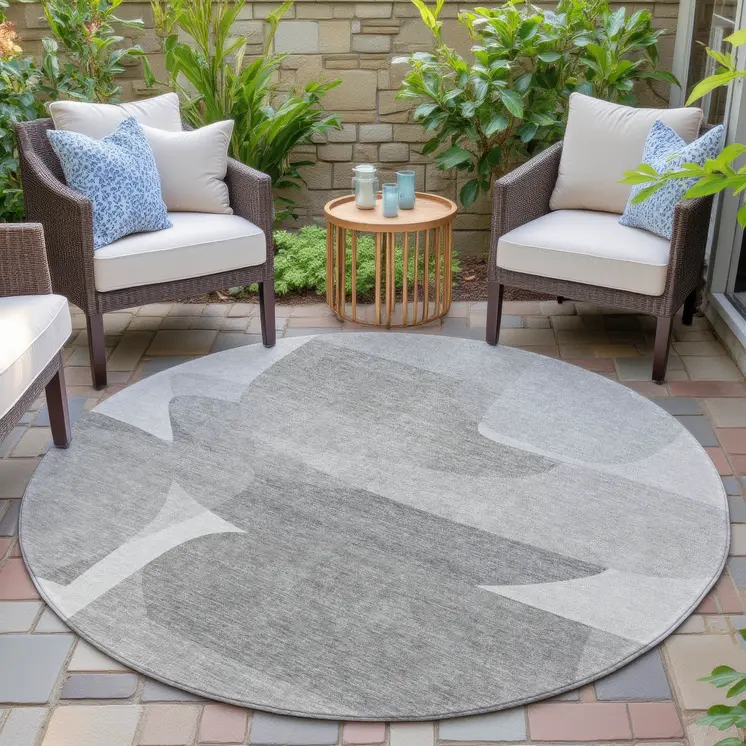 8' Linen And Gray Round Abstract Washable Indoor Outdoor Area Rug