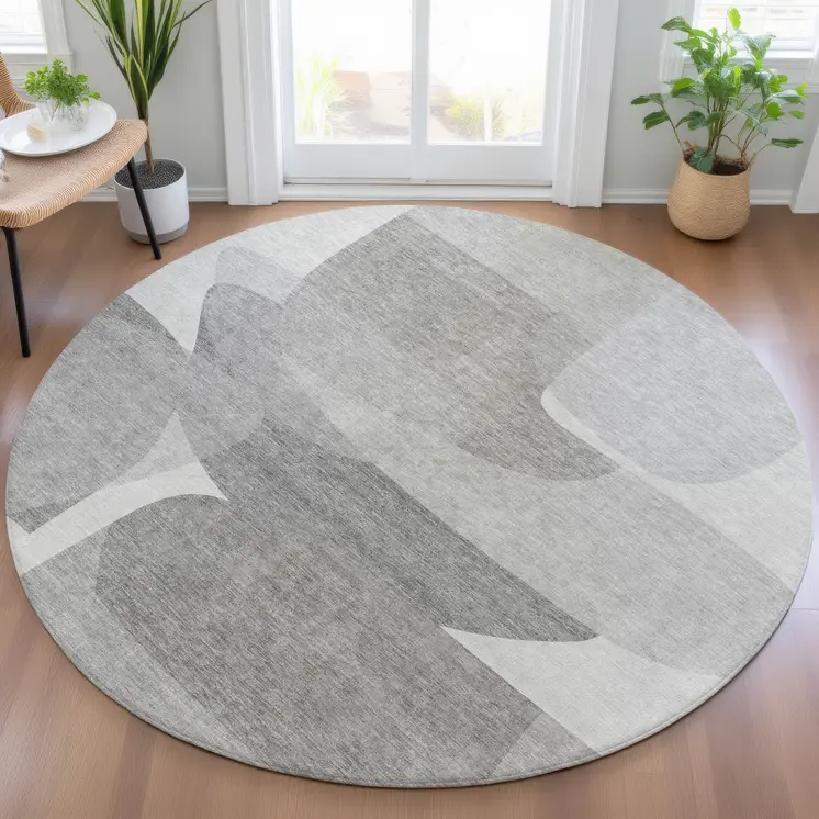 8' Linen And Gray Round Abstract Washable Indoor Outdoor Area Rug