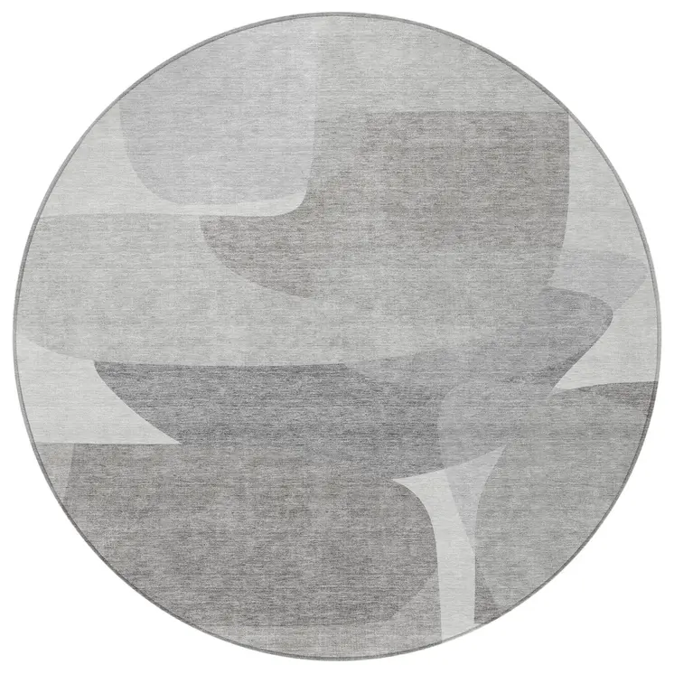 8' Linen And Gray Round Abstract Washable Indoor Outdoor Area Rug