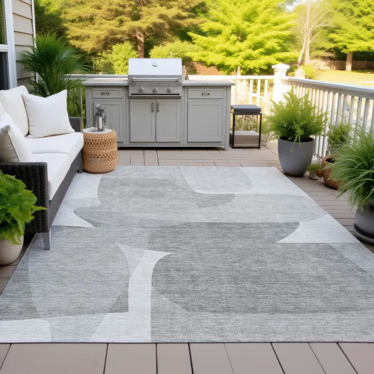 8' X 10' Linen And Gray Abstract Washable Indoor Outdoor Area Rug