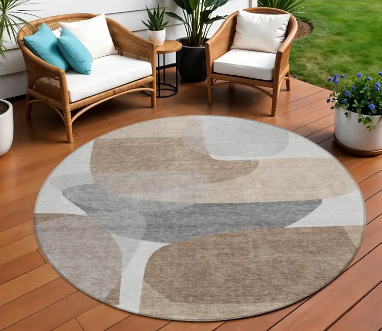 8' Brown And Gray Round Abstract Washable Indoor Outdoor Area Rug