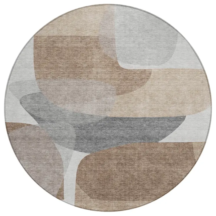 8' Brown And Gray Round Abstract Washable Indoor Outdoor Area Rug
