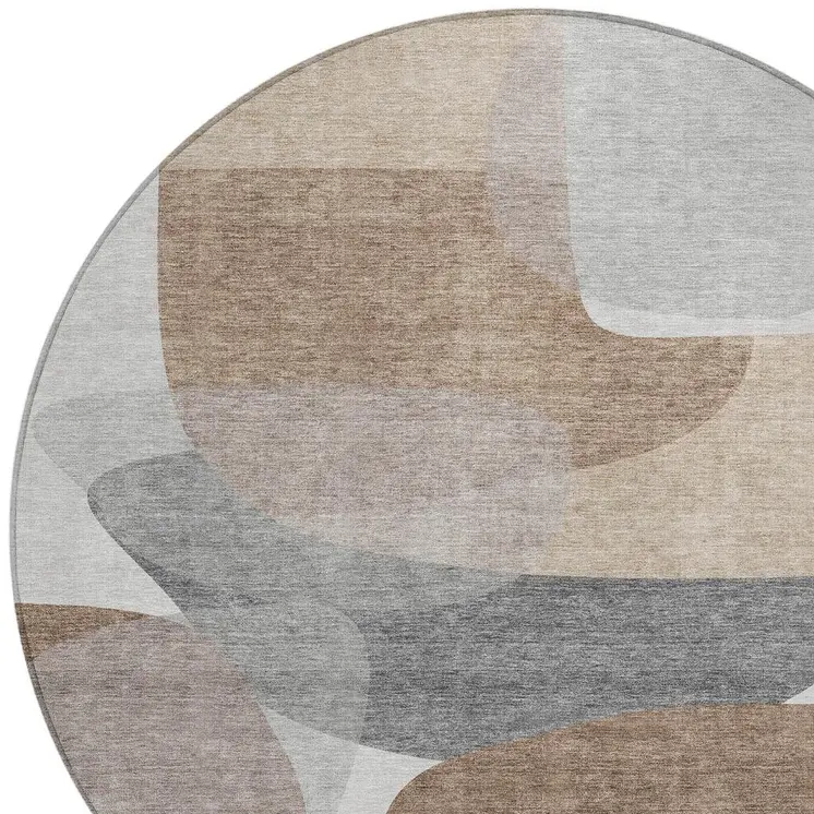 8' Brown And Gray Round Abstract Washable Indoor Outdoor Area Rug
