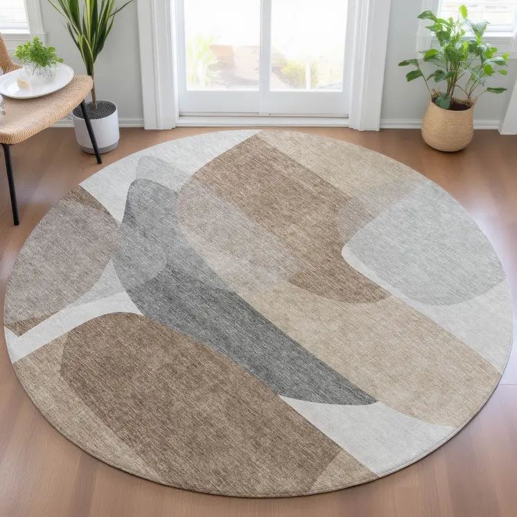 8' Brown And Gray Round Abstract Washable Indoor Outdoor Area Rug