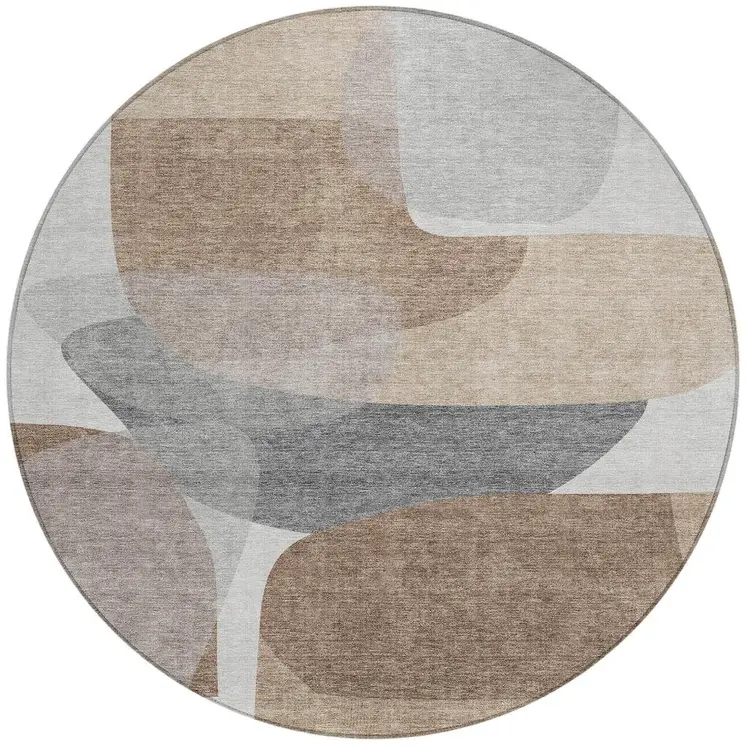 8' Brown And Gray Round Abstract Washable Indoor Outdoor Area Rug