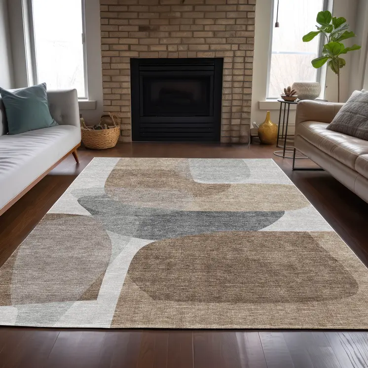 9' X 12' Brown And Gray Abstract Washable Indoor Outdoor Area Rug