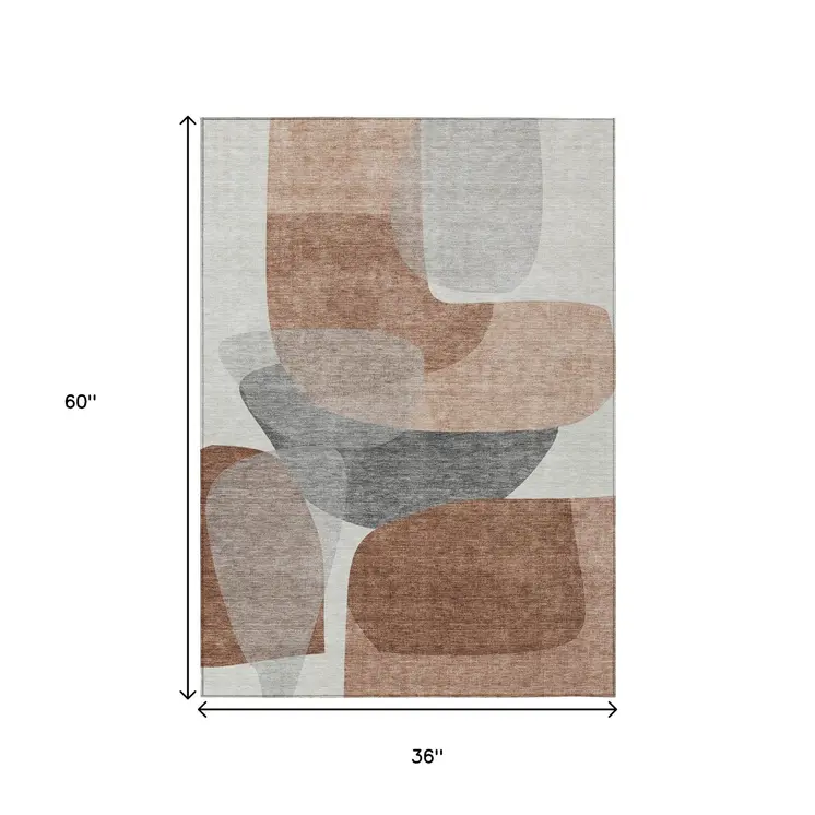 3' X 5' Rust And Gray Abstract Washable Indoor Outdoor Area Rug