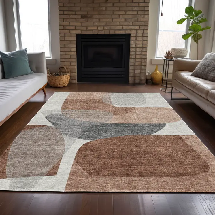 3' X 5' Rust And Gray Abstract Washable Indoor Outdoor Area Rug