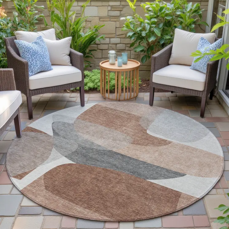 8' Rust And Gray Round Abstract Washable Indoor Outdoor Area Rug