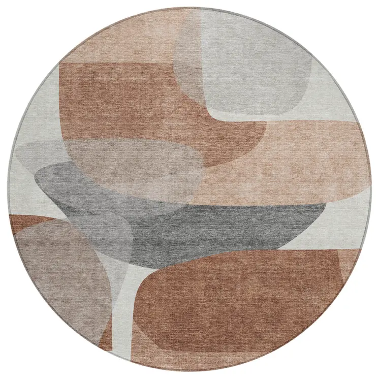 8' Rust And Gray Round Abstract Washable Indoor Outdoor Area Rug